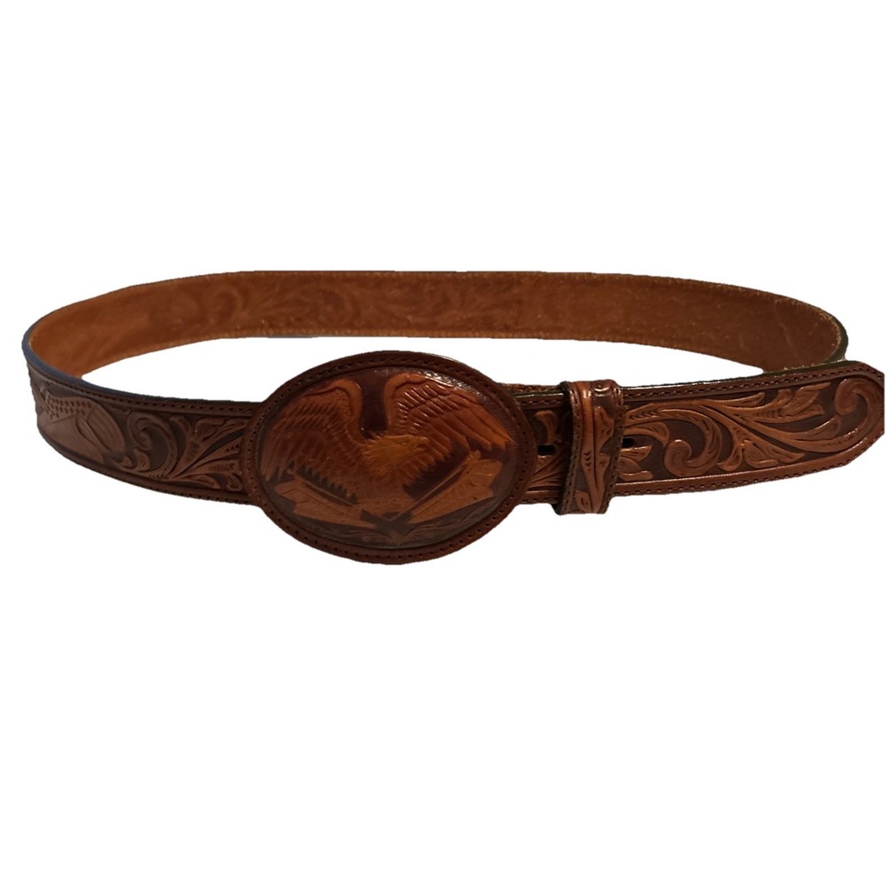 SILVER CREEK MEN'S AMERICAN EAGLE BUCKLE FLAG TOOLED LEATHER WESTERN BELT 50606